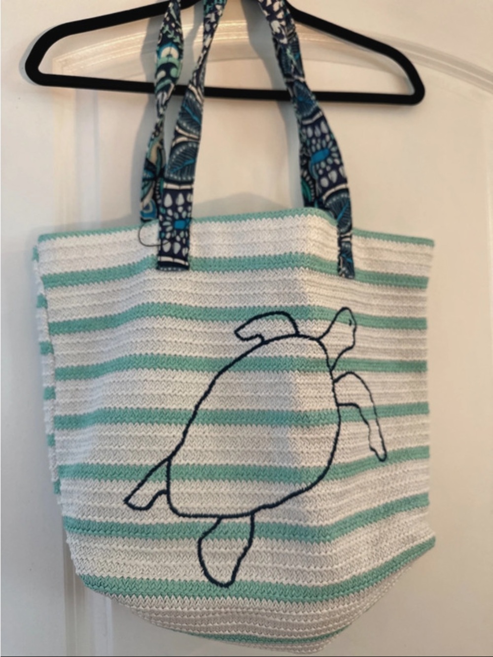 Vera Bradley Striped Turtle Knit Tote in White and Aqua with Navy Accent NWOT